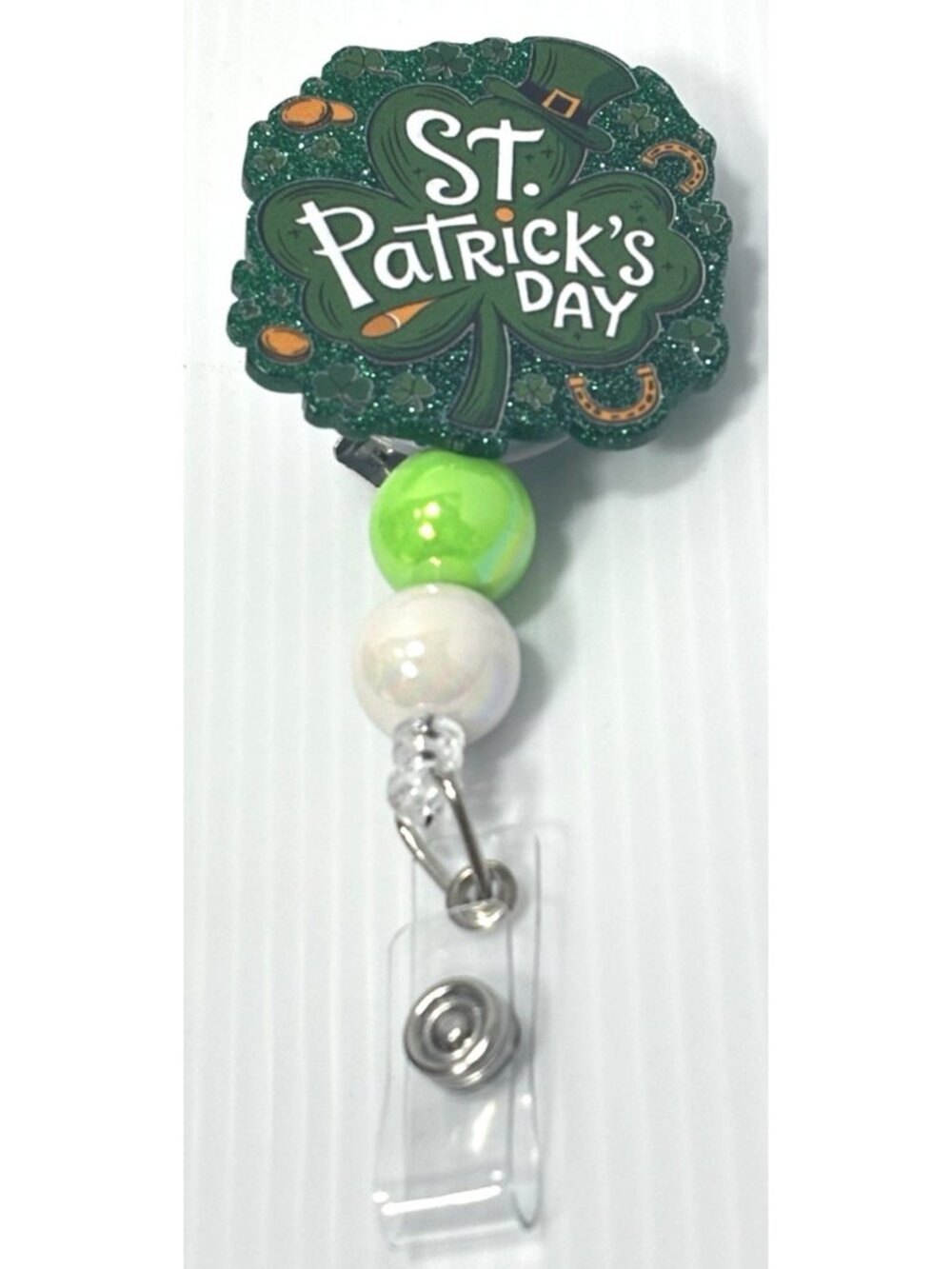 St. Patrick's Day Badge Reel - Retractable ID Holder -Green Shamrocks Beaded NEW